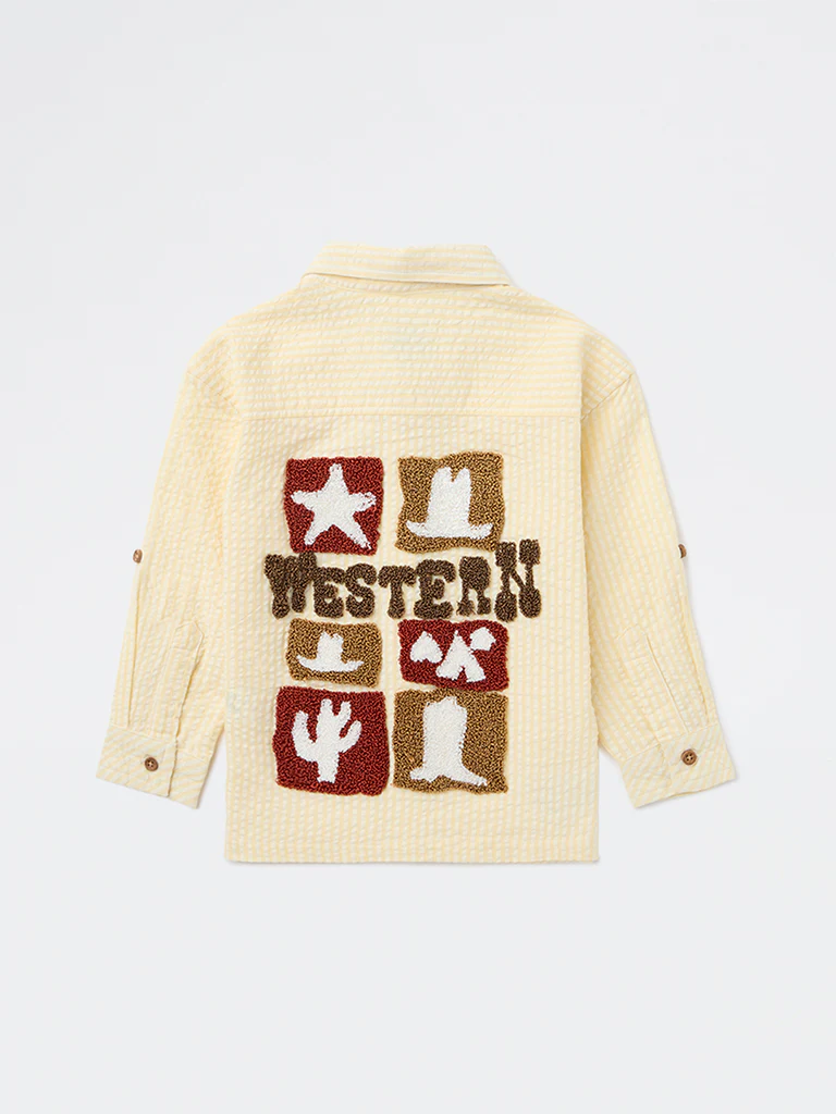 HOP Kids Boys Light Yellow Striped Textured Cotton Shirt - Image 5