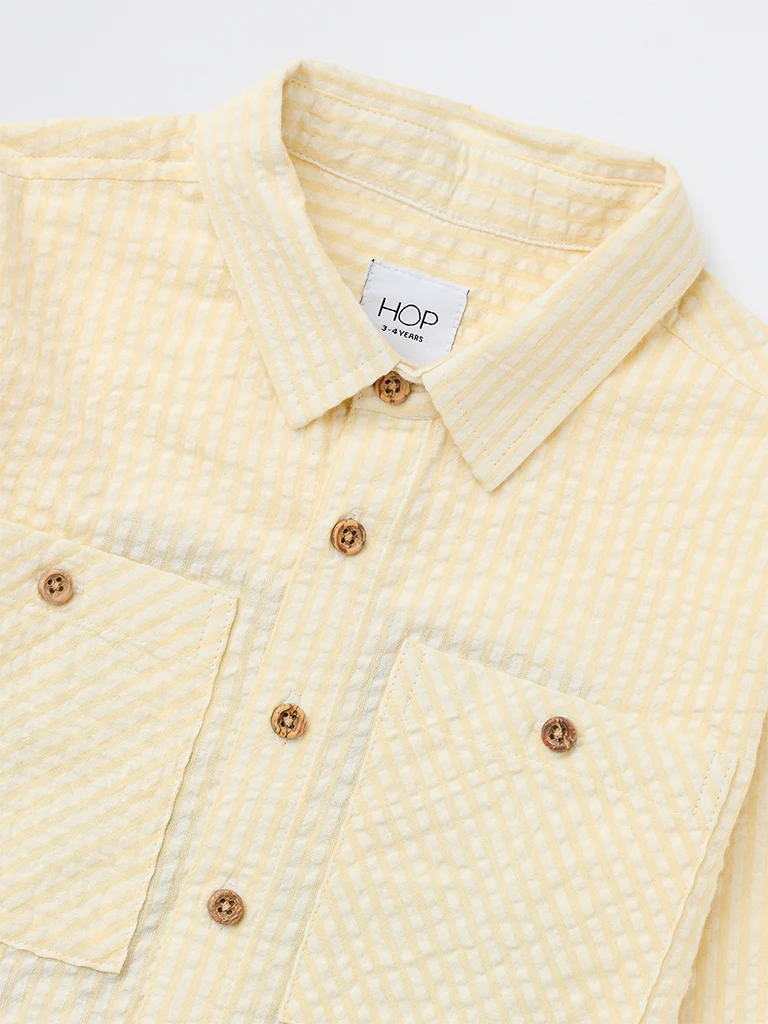HOP Kids Boys Light Yellow Striped Textured Cotton Shirt - Image 6