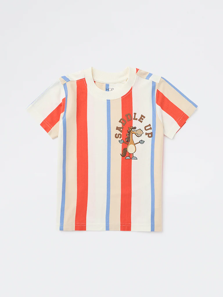 HOP Kids Boys Multicolour Striped Cotton T-Shirt - Image 3