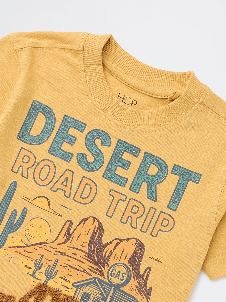 HOP Kids Boys Mustard Printed Cotton T-Shirt - Image 5
