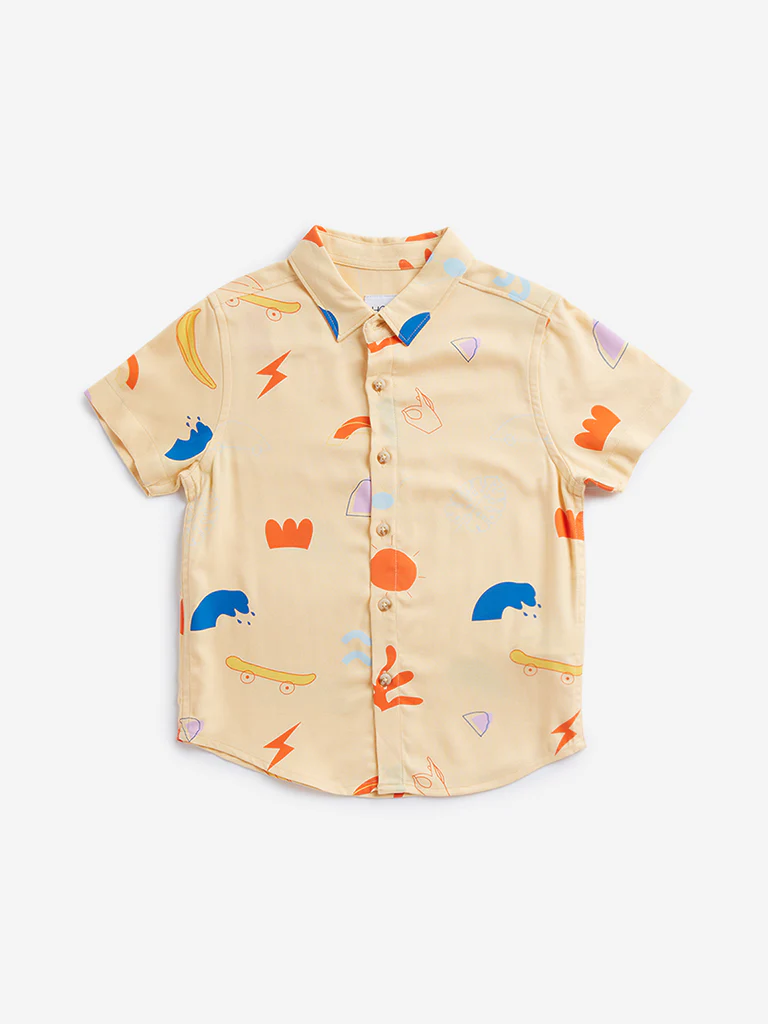 HOP Kids Boys Mustard Printed Shirt