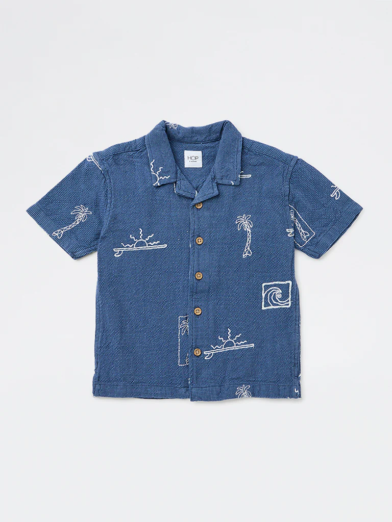 HOP Kids Boys Navy Embroidered Cotton Shirt - Image 3