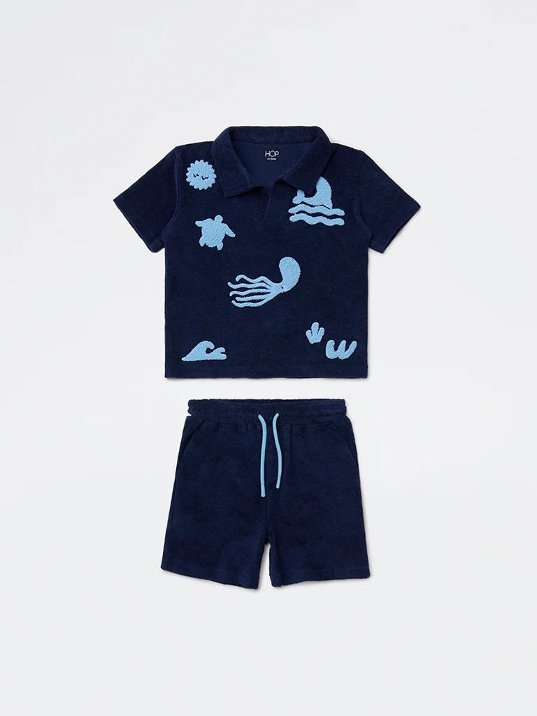 HOP Kids Boys Navy Sea-Life Embroidered Cotton T-Shirt and Shorts Set - Image 3