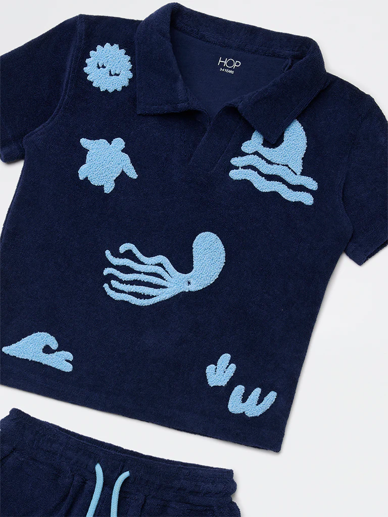 HOP Kids Boys Navy Sea-Life Embroidered Cotton T-Shirt and Shorts Set - Image 5