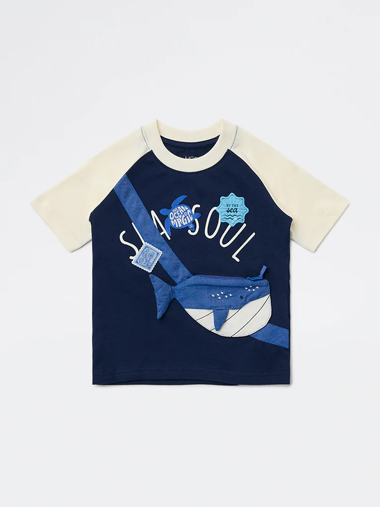 HOP Kids Boys Navy Sea-Life Printed Cotton T-Shirt - Image 3