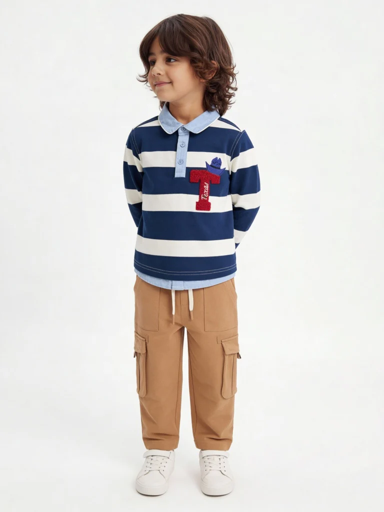 HOP Kids Boys Navy Striped Cotton Polo T-Shirt