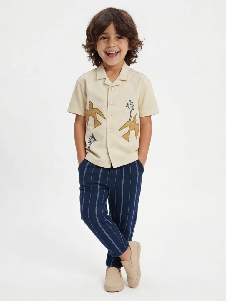 HOP Kids Boys Navy Striped Mid-Rise Cotton Trousers