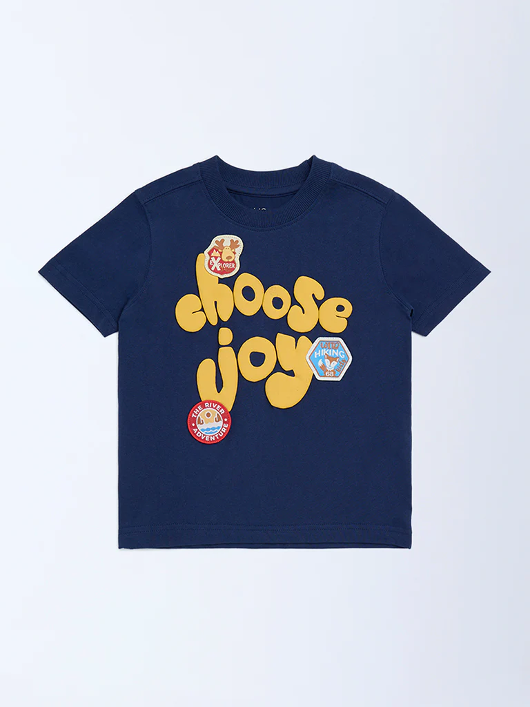 HOP Kids Boys Navy Text Embossed Cotton T-Shirt - Image 3