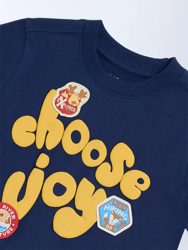 HOP Kids Boys Navy Text Embossed Cotton T-Shirt - Image 5