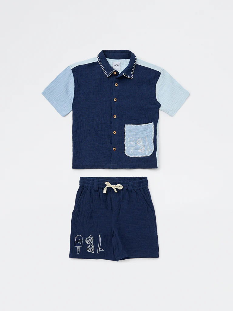 HOP Kids Boys Navy Textured Cotton Shirt and Shorts Set - Image 3