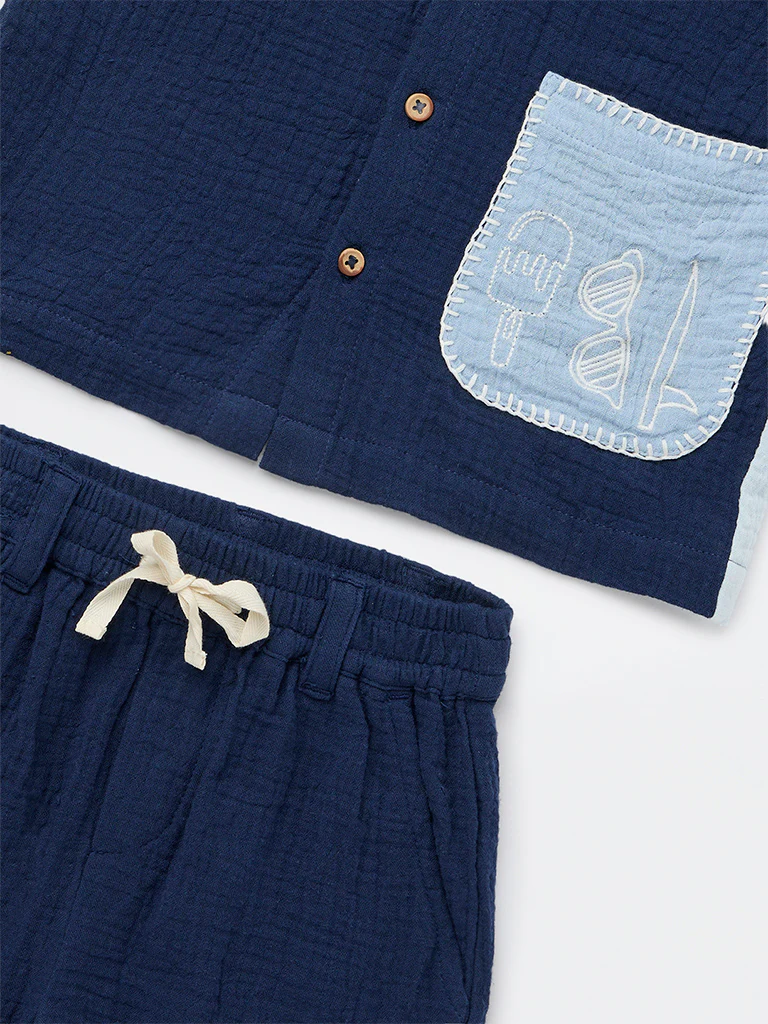 HOP Kids Boys Navy Textured Cotton Shirt and Shorts Set - Image 5