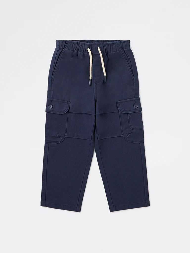 HOP Kids Boys Navy Textured Mid-Rise Cotton-Blend Cargo Pants - Image 4