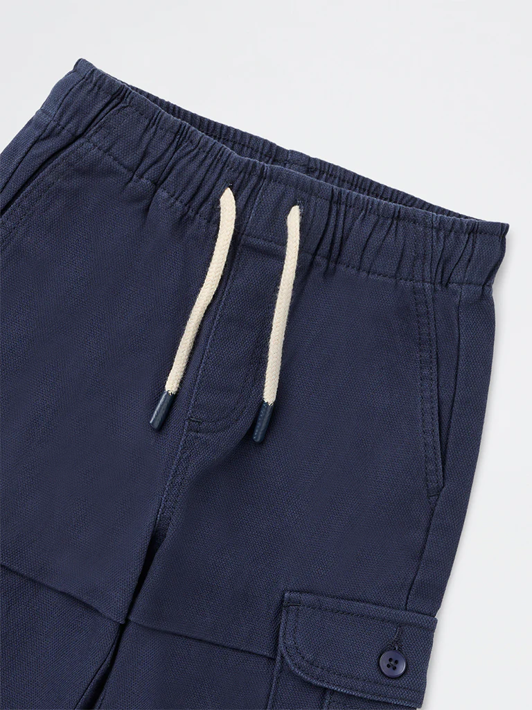 HOP Kids Boys Navy Textured Mid-Rise Cotton-Blend Cargo Pants - Image 6