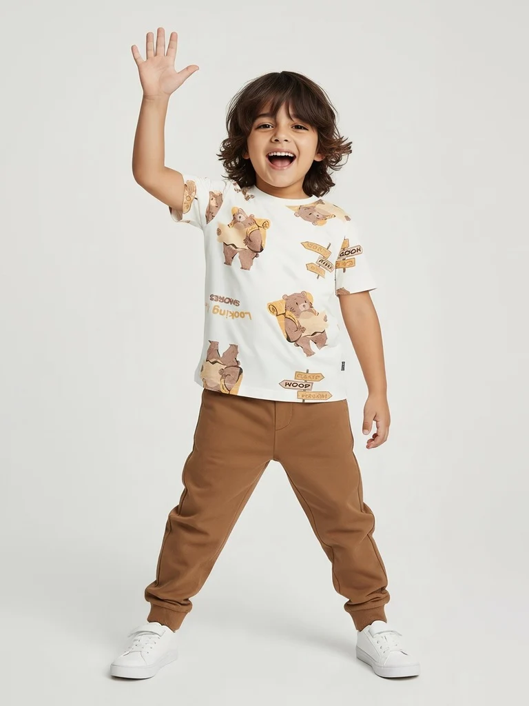 HOP Kids Boys Off-White Animal Printed Cotton T-Shirt