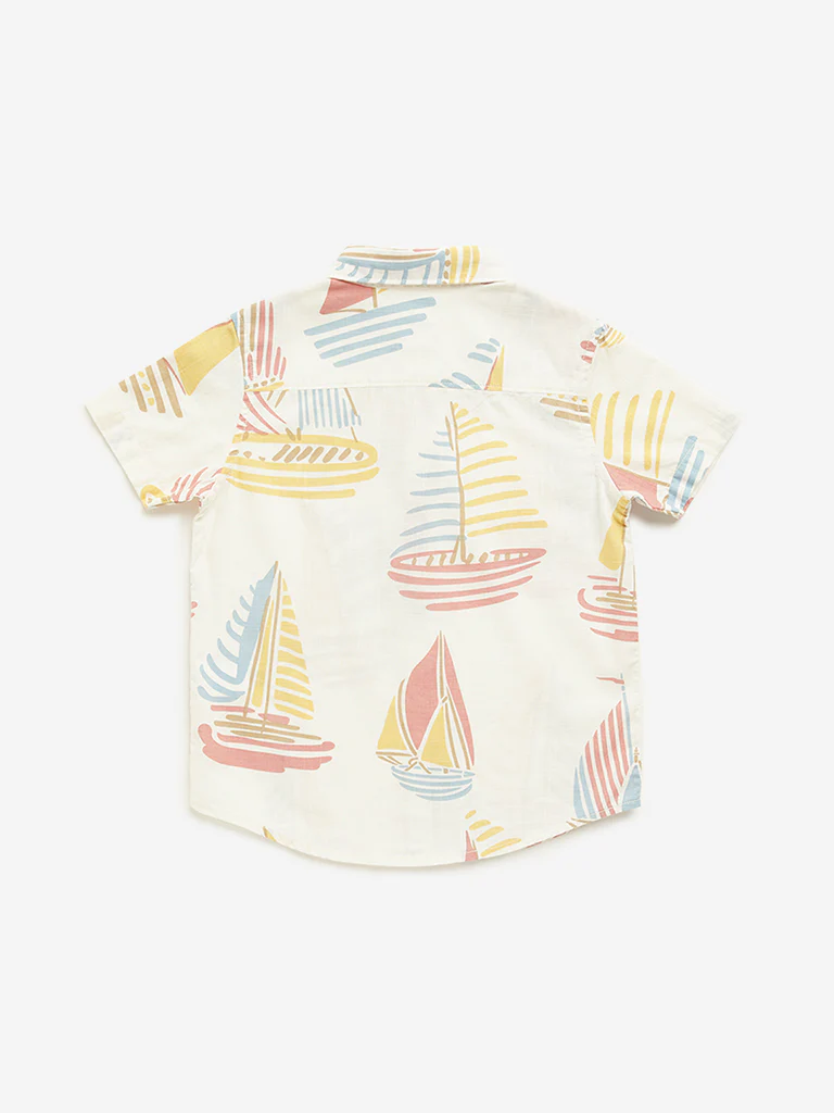 HOP Kids Boys Off-White Boat Printed Cotton Shirt - Image 2