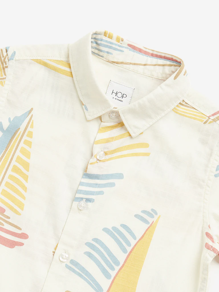 HOP Kids Boys Off-White Boat Printed Cotton Shirt - Image 3