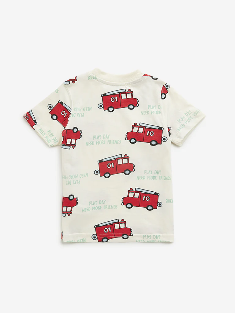 HOP Kids Boys Off-White Bus Printed Cotton T-Shirt - Image 2