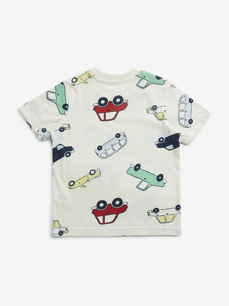 HOP Kids Boys Off-White Car Printed Cotton T-Shirt - Image 2