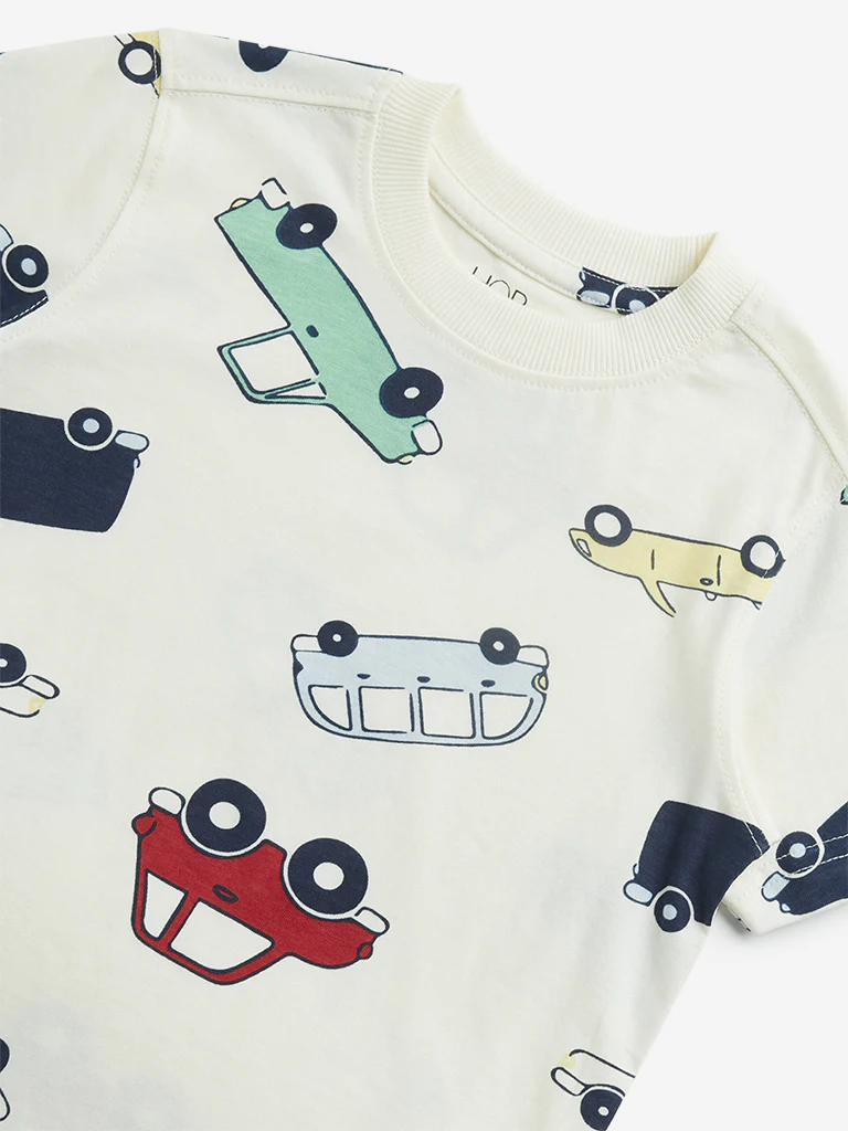 HOP Kids Boys Off-White Car Printed Cotton T-Shirt - Image 3