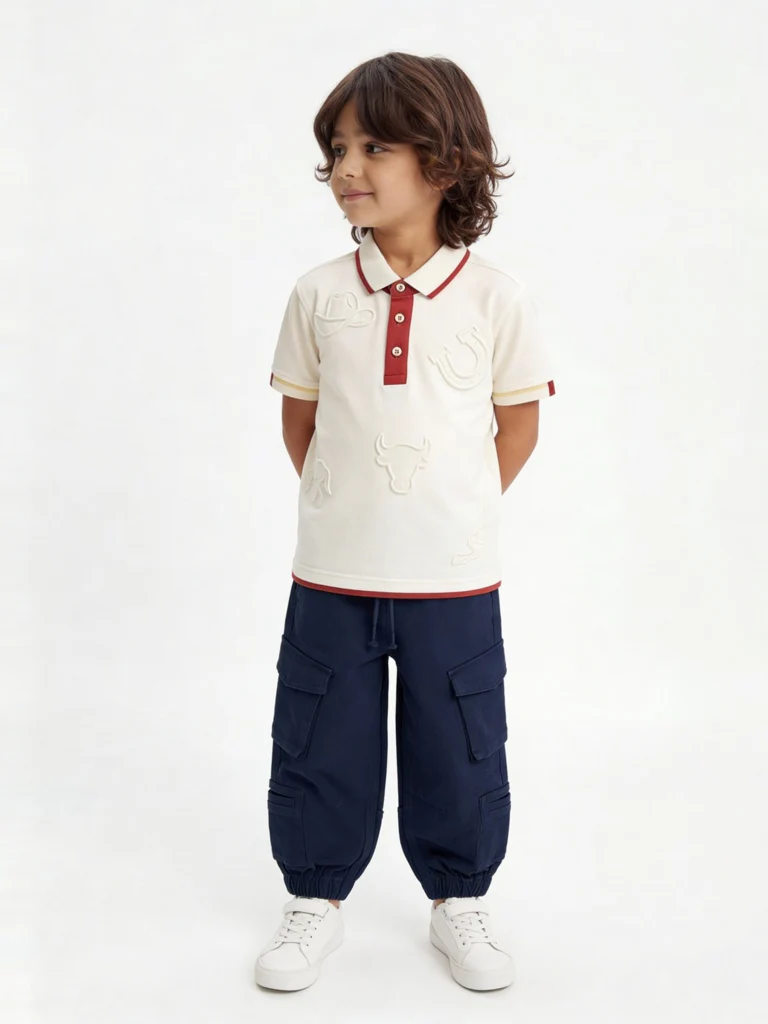 HOP Kids Boys Off-White Cotton Polo T-Shirt