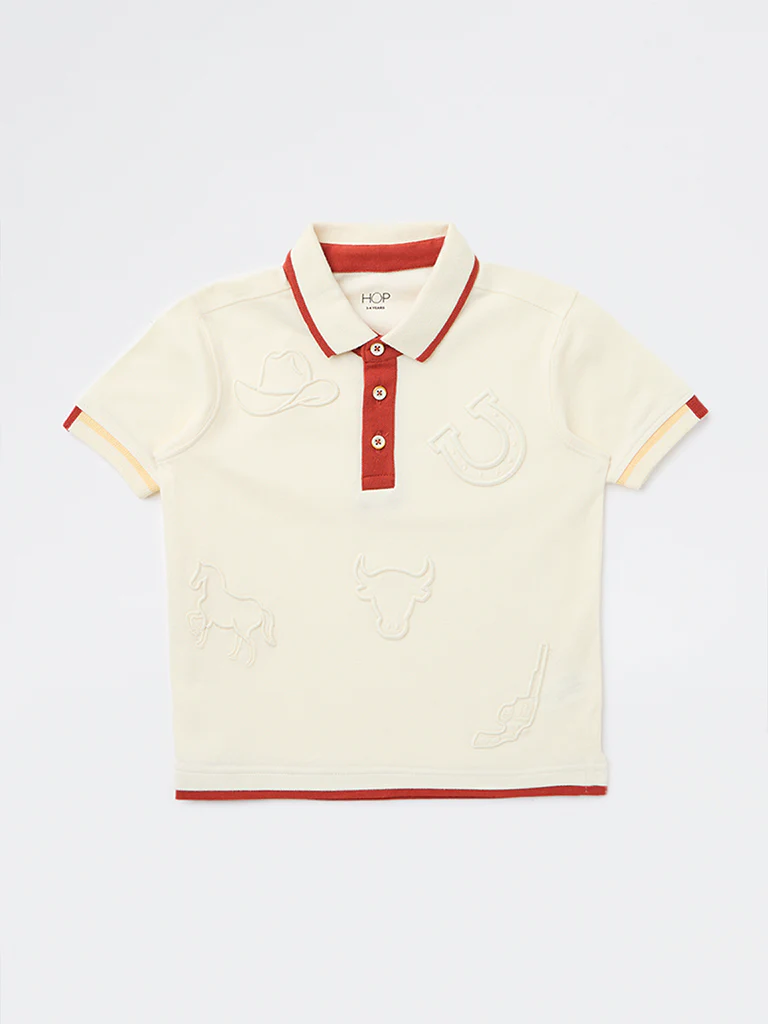 HOP Kids Boys Off-White Cotton Polo T-Shirt - Image 3