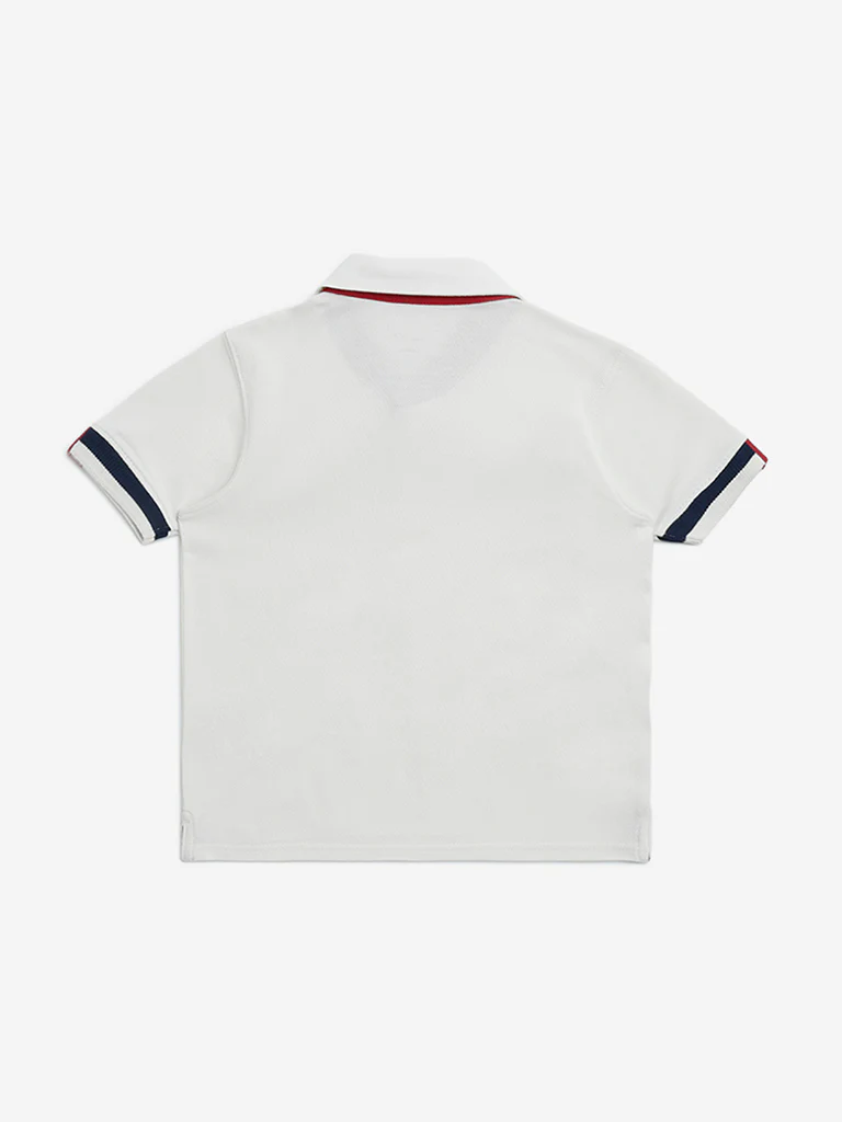 HOP Kids Boys Off-White Embroidered Cotton Polo T-Shirt - Image 3