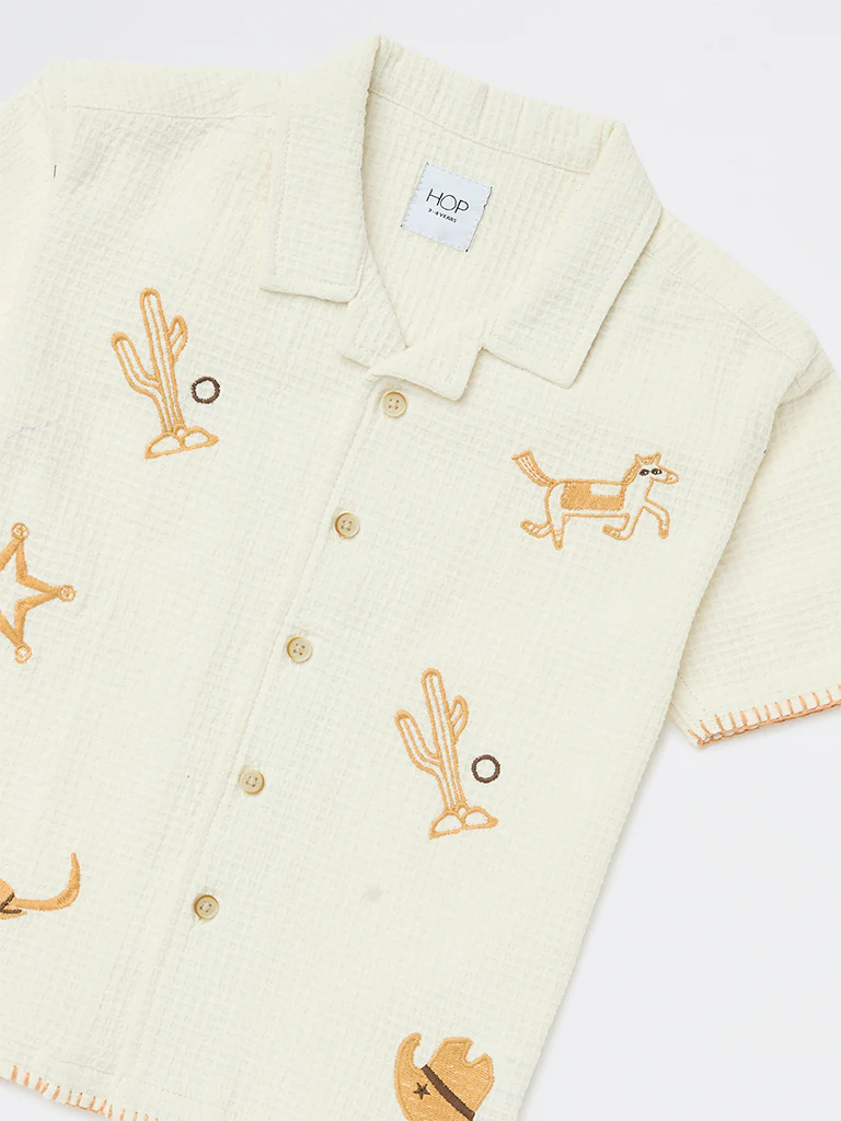 HOP Kids Boys Off-White Embroidered Cotton Shirt - Image 5