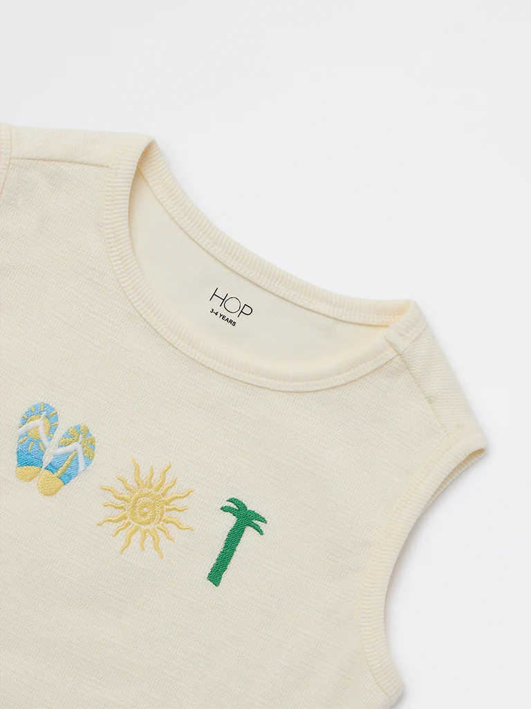 HOP Kids Boys Off-White Embroidered Cotton T-Shirt - Image 3