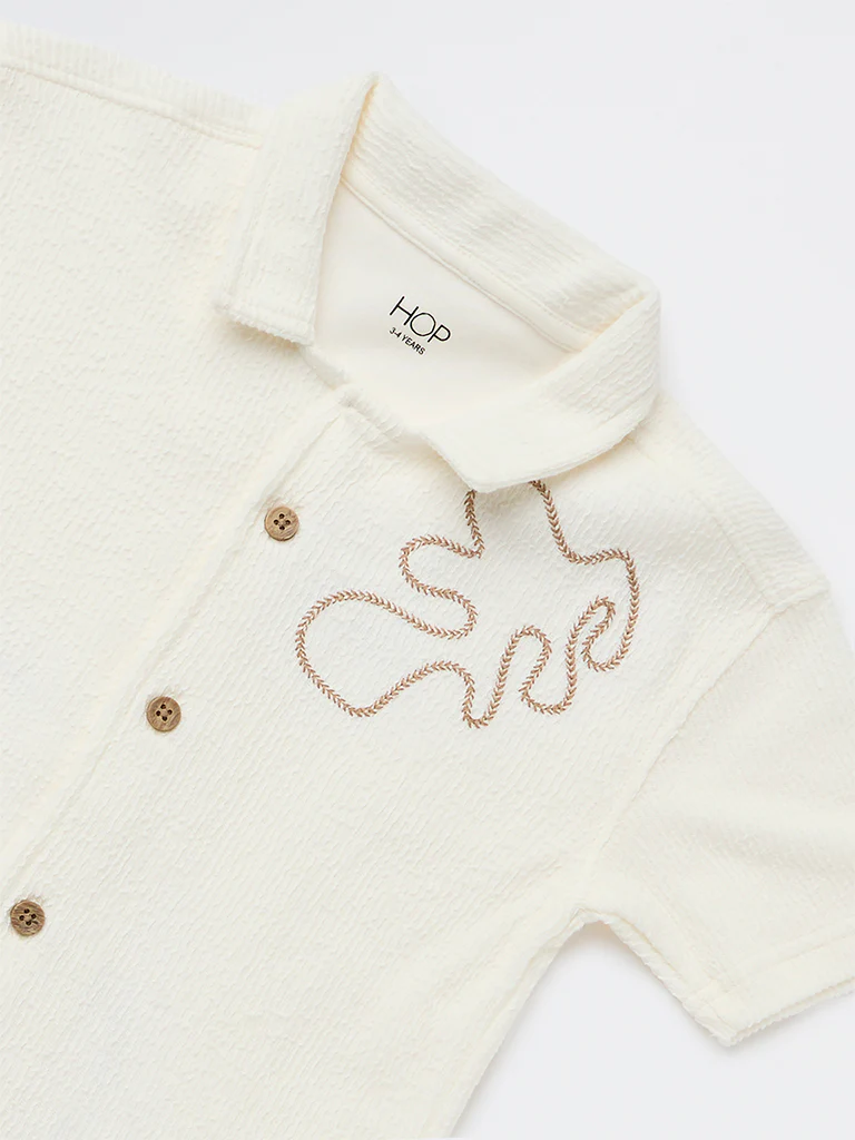 HOP Kids Boys Off-White Embroidered Resort-Fit Cotton Shirt - Image 6