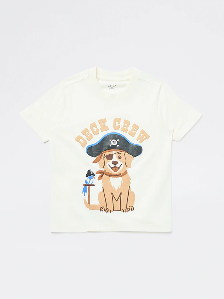 HOP Kids Boys Off-White Graphic Design Cotton T-Shirt - Image 3