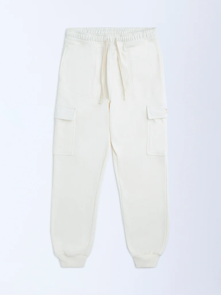 HOP Kids Boys Off-White Mid-Rise Cotton-Blend Joggers - Image 4
