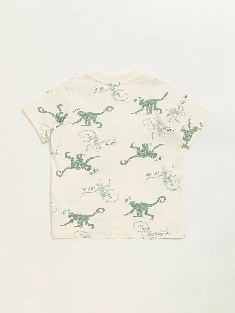 HOP Kids Boys Off-White Monkey Print Cotton T-Shirt - Image 2