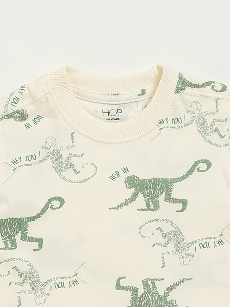 HOP Kids Boys Off-White Monkey Print Cotton T-Shirt - Image 3
