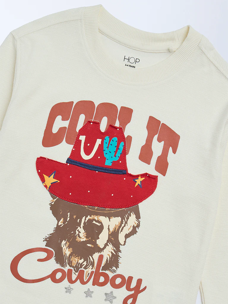 HOP Kids Boys Off-White Printed Cotton T-Shirt - Image 5