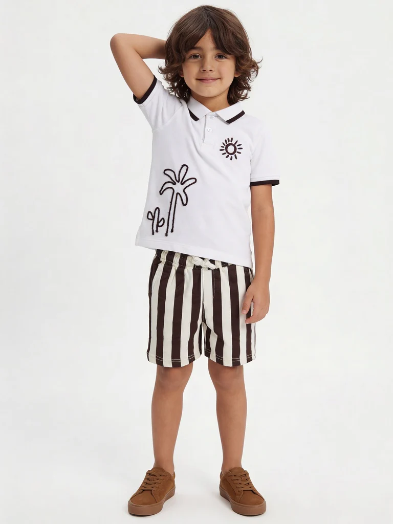 HOP Kids Boys Off-White Printed Cotton T-Shirt and Shorts Set
