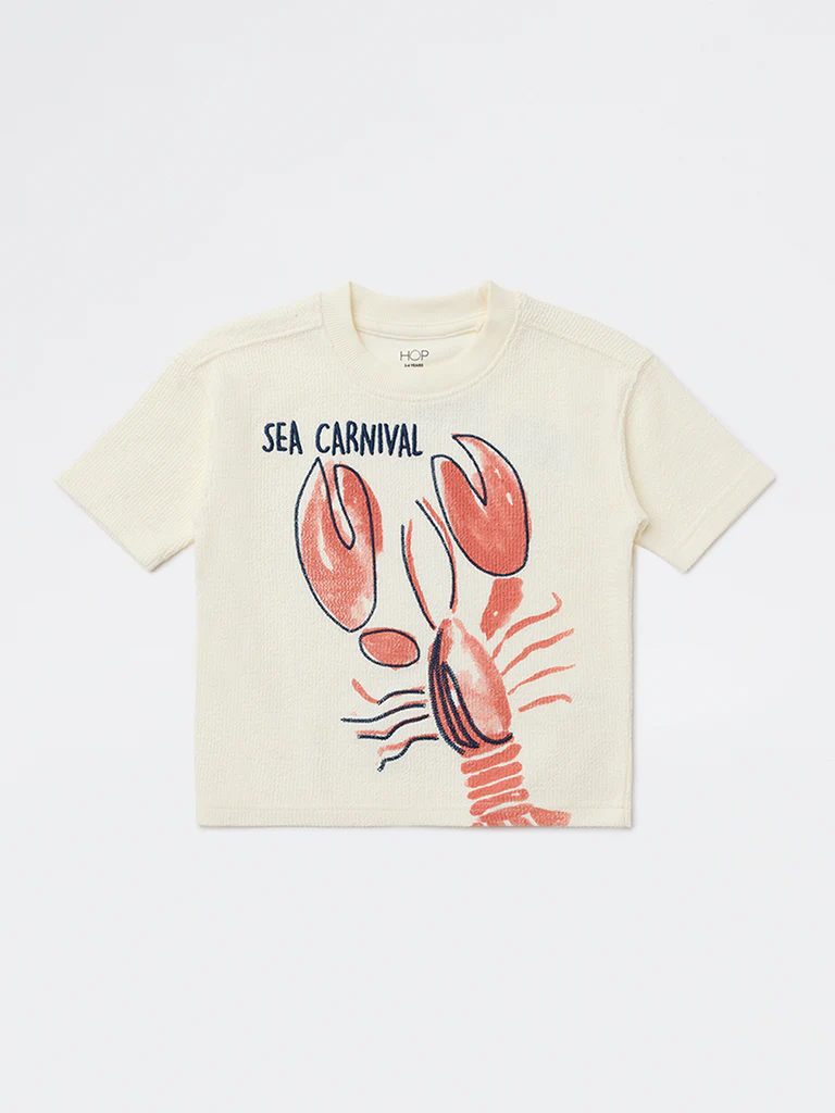 HOP Kids Boys Off-White Sea-Life Printed Cotton T-Shirt - Image 4
