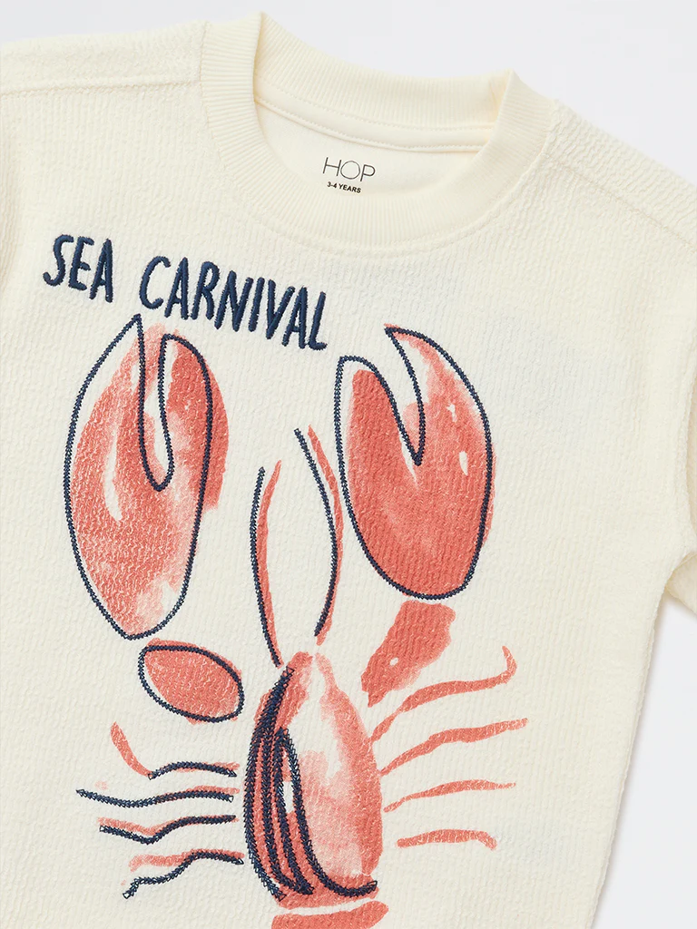 HOP Kids Boys Off-White Sea-Life Printed Cotton T-Shirt - Image 6