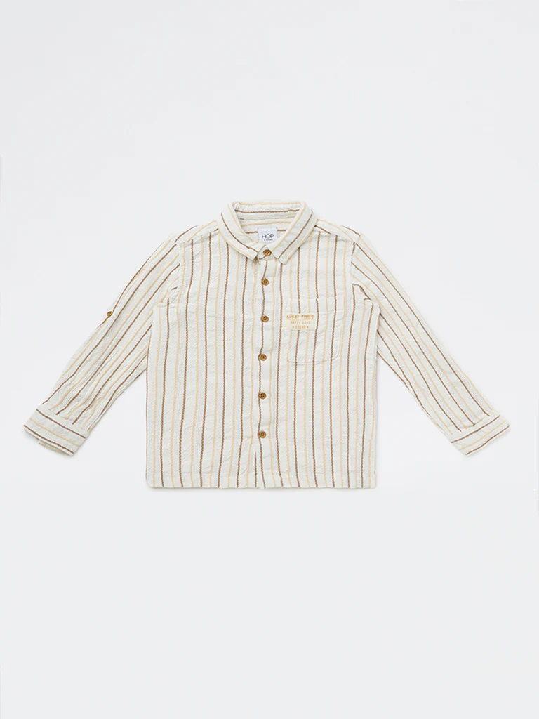 HOP Kids Boys Off-White Striped Cotton Shirt - Image 3