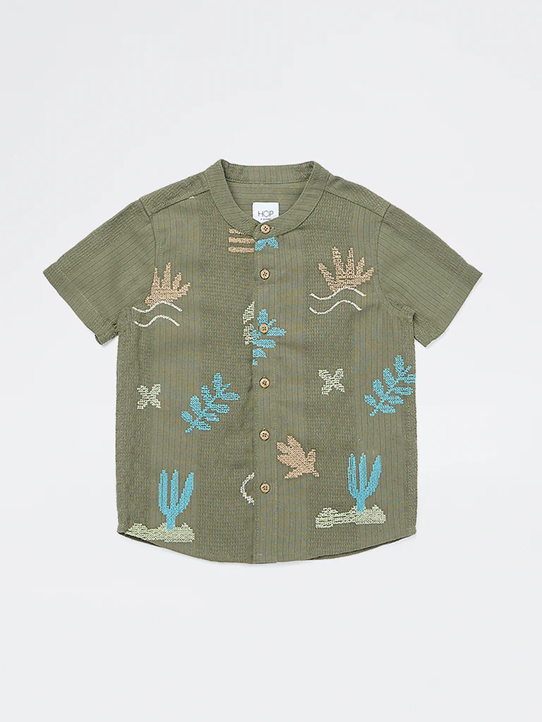HOP Kids Boys Olive Embroidered Cotton Shirt - Image 3