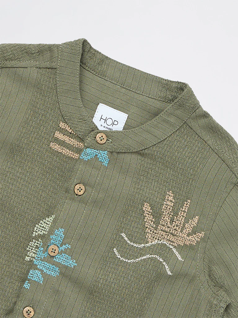 HOP Kids Boys Olive Embroidered Cotton Shirt - Image 5