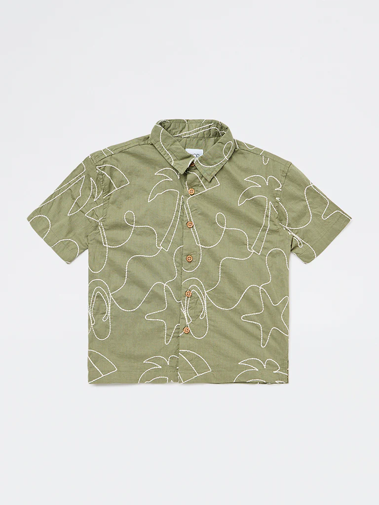 HOP Kids Boys Olive Embroidered Cotton Shirt - Image 3