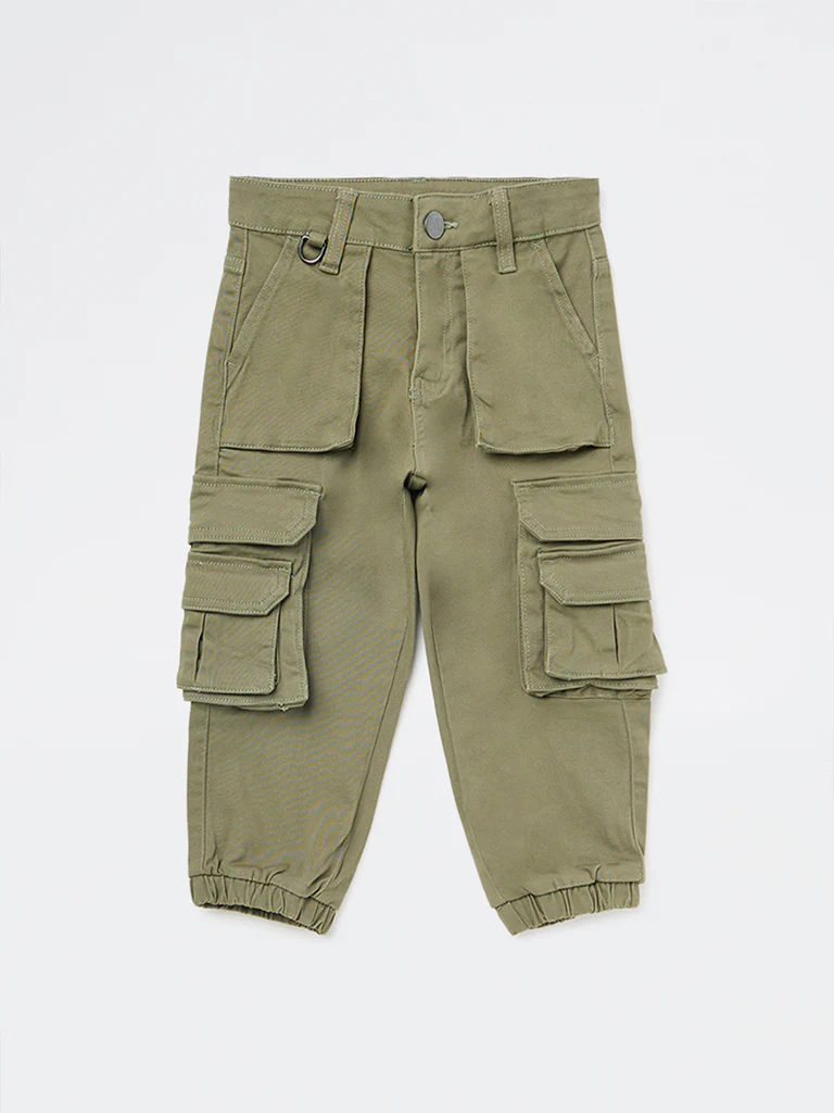 HOP Kids Boys Olive Mid-Rise Cotton-Blend Cargo Joggers - Image 4