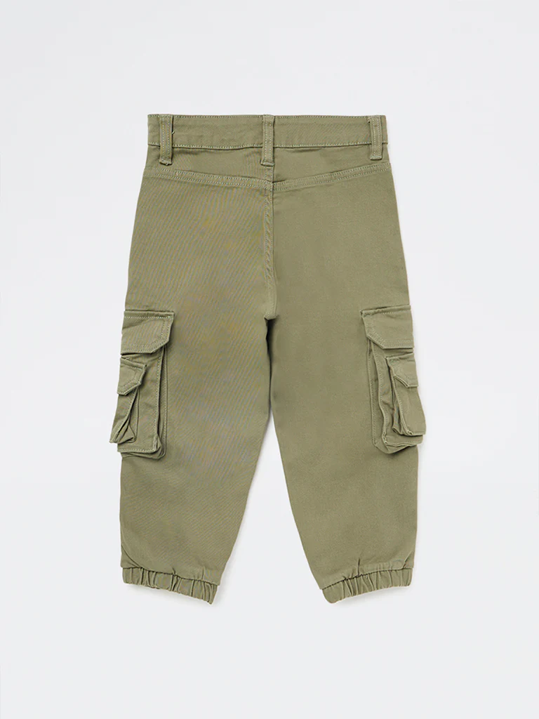 HOP Kids Boys Olive Mid-Rise Cotton-Blend Cargo Joggers - Image 5