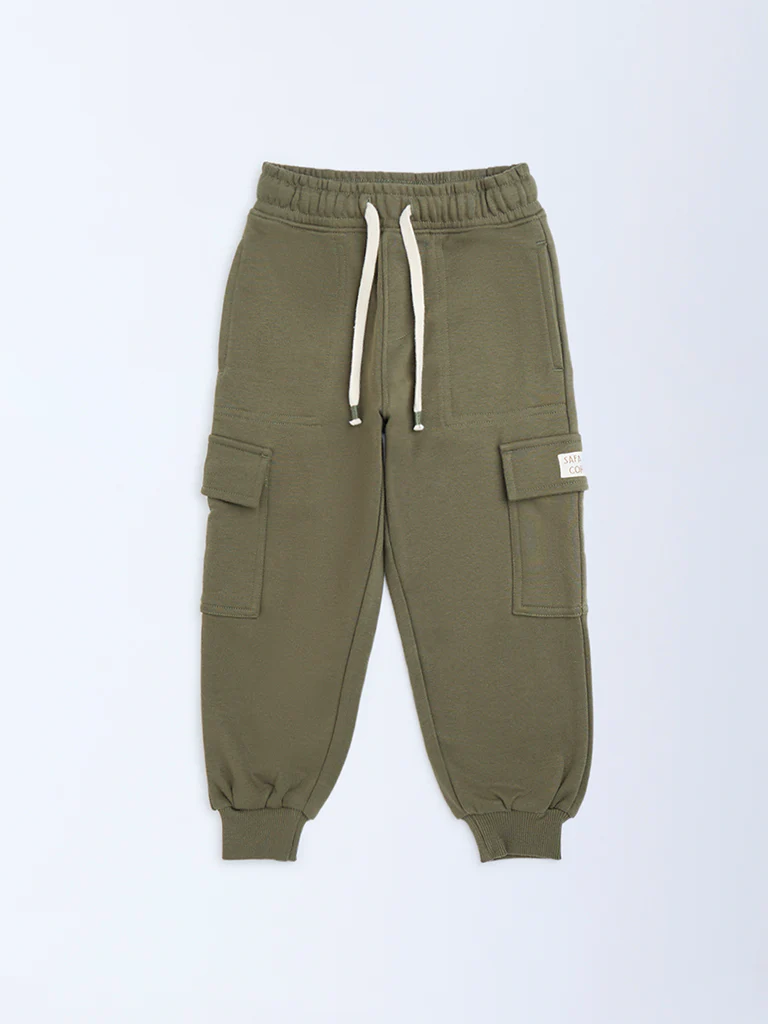 HOP Kids Boys Olive Mid-Rise Cotton-Blend Joggers - Image 4