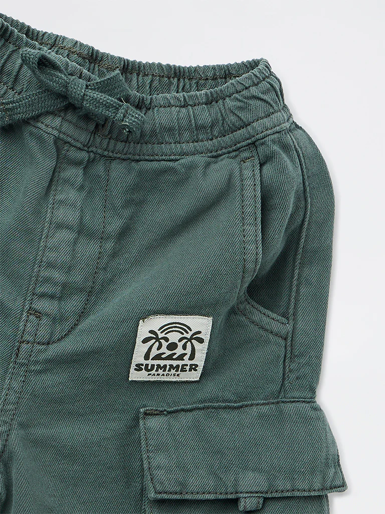 HOP Kids Boys Olive Mid-Rise Cotton Cargo Shorts - Image 6