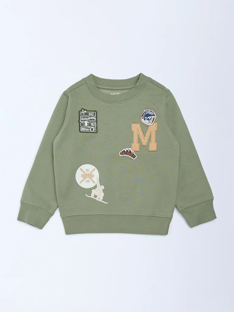 HOP Kids Boys Olive Printed Cotton-Blend Sweatshirt - Image 4