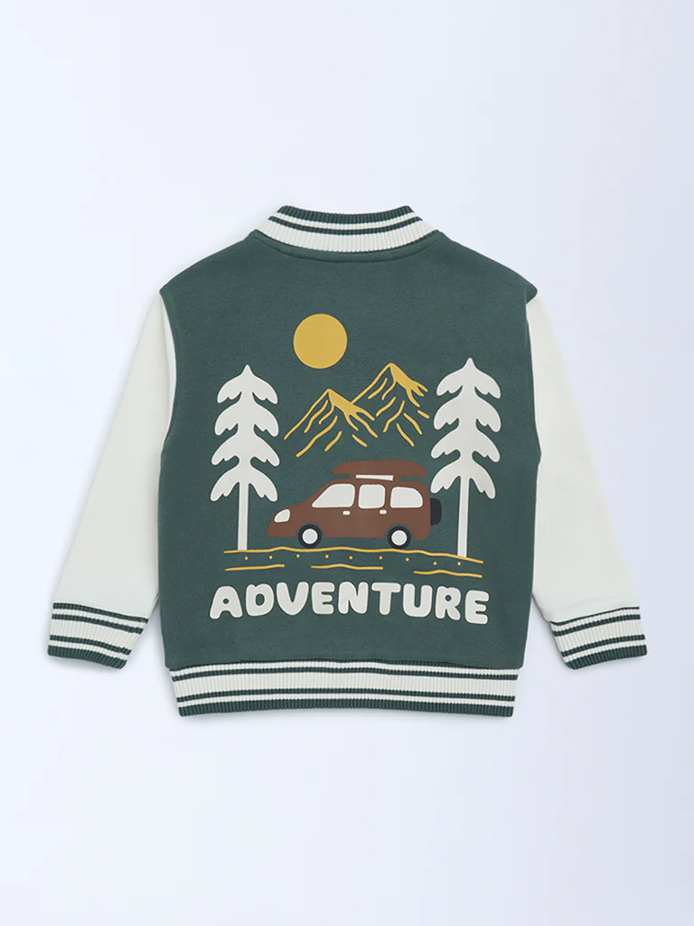 HOP Kids Boys Olive Printed Cotton-Blend Varsity Jacket - Image 4