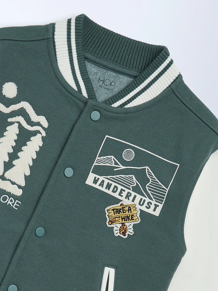 HOP Kids Boys Olive Printed Cotton-Blend Varsity Jacket - Image 5