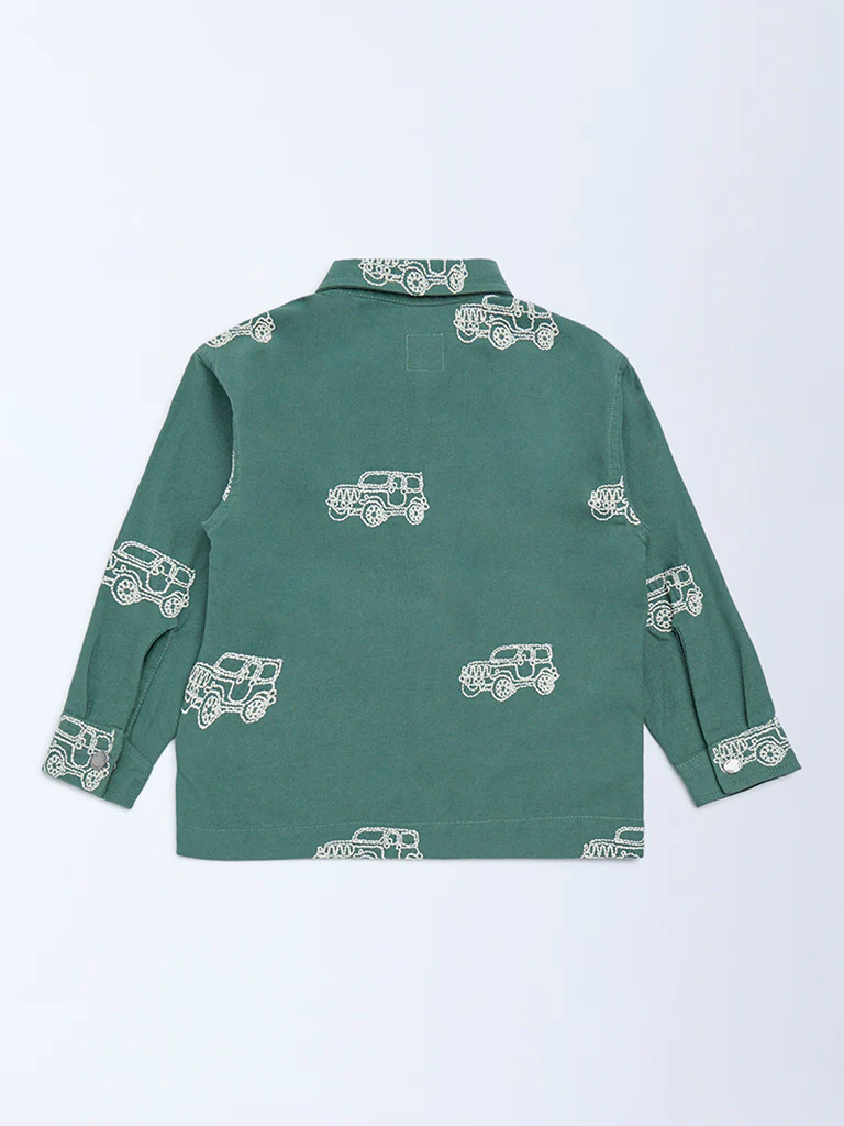 HOP Kids Boys Olive Printed Cotton Shirt - Image 4