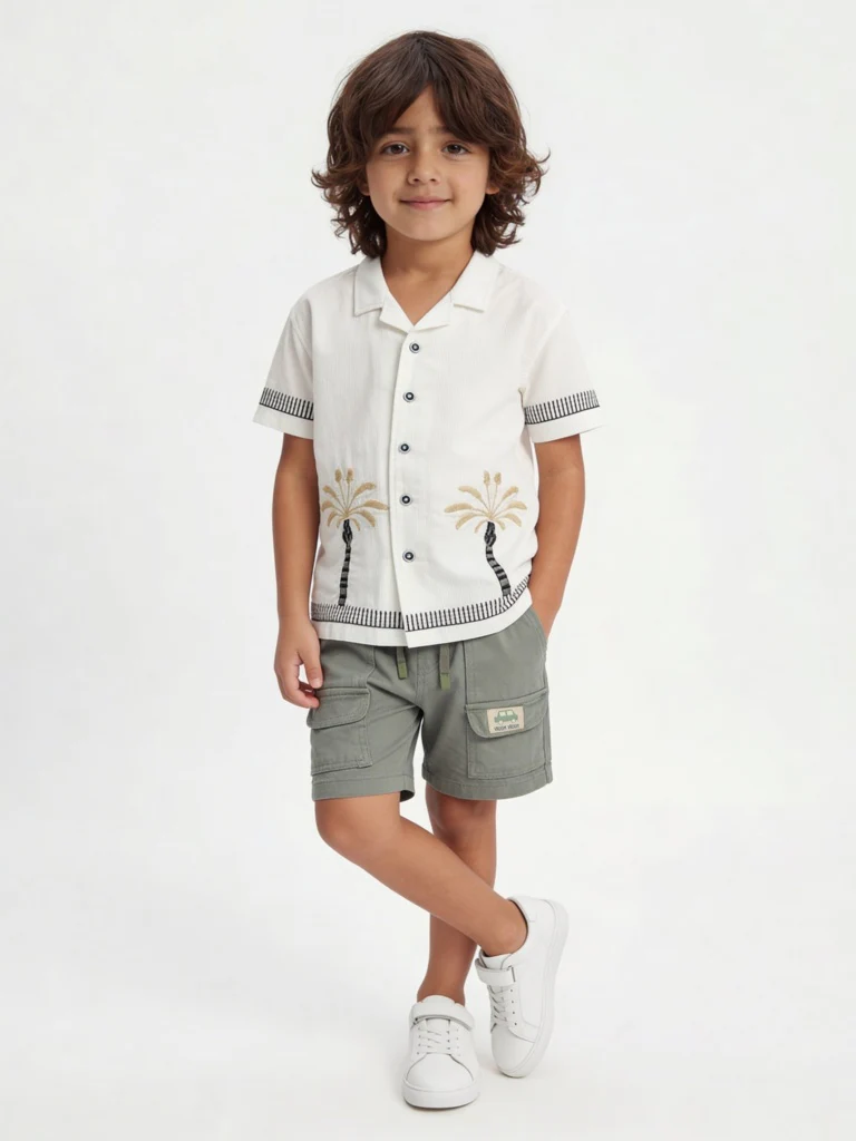 HOP Kids Boys Olive Solid Mid-Rise Cotton-Blend Shorts